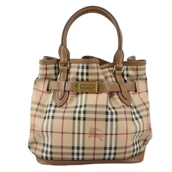BURBERRY Nova Check Tote Bag PVC Leather 2way Beige Auth